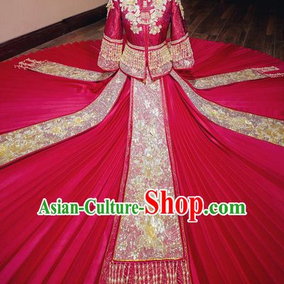 Chinese Traditional Wedding Red Costumes Toast Xiuhe Suit Ancient Bride Embroidered Full Dress for Women