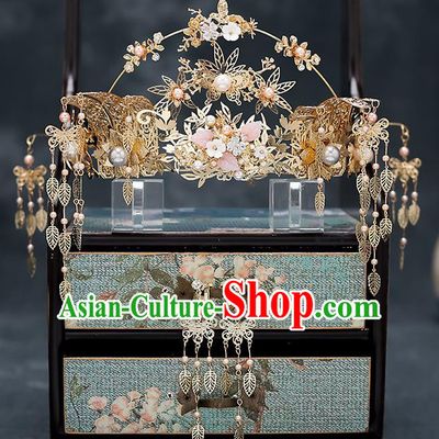 Chinese Traditional Bride Golden Phoenix Coronet Handmade Hairpins Wedding Hair Accessories Complete Set for Women
