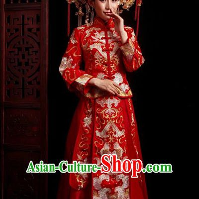 Chinese Traditional Wedding Red Costumes Embroidered Toast Xiuhe Suit Ancient Bride Full Dress for Women