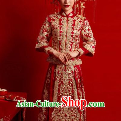 Chinese Traditional Wedding Costumes Embroidered Red Toast Xiuhe Suit Ancient Bride Full Dress for Women
