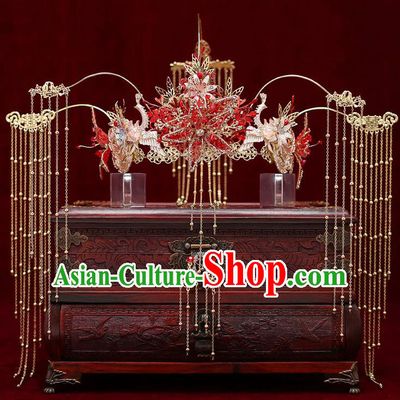 Chinese Traditional Red Star Phoenix Coronet Bride Handmade Tassel Hairpins Wedding Hair Accessories Complete Set for Women