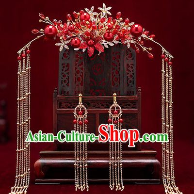 Chinese Traditional Red Beads Hair Comb Bride Handmade Tassel Hairpins Wedding Hair Accessories Complete Set for Women