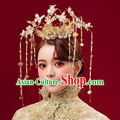 Chinese Traditional Butterfly Hair Crown Bride Handmade Tassel Hairpins Wedding Hair Accessories Complete Set for Women