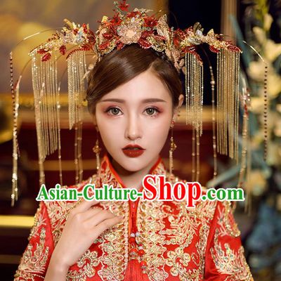Chinese Traditional Wedding Luxury Phoenix Coronet Bride Handmade Tassel Hairpins Hair Accessories Complete Set for Women
