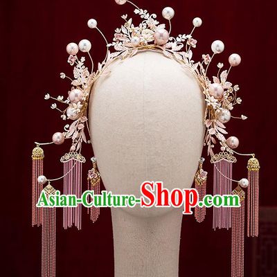 Chinese Traditional Wedding Pink Tassel Hair Clasp Bride Handmade Hairpins Hair Accessories Complete Set for Women