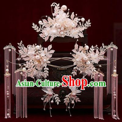 Chinese Traditional Wedding Silk Flowers Hair Comb Bride Handmade Tassel Hairpins Hair Accessories Complete Set for Women