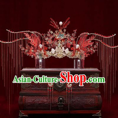 Chinese Traditional Red Tassel Phoenix Coronet Bride Handmade Hairpins Wedding Hair Accessories Complete Set for Women