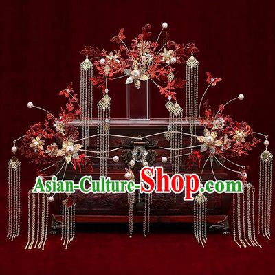 Chinese Traditional Red Leaf Phoenix Coronet Bride Handmade Hairpins Wedding Hair Accessories Complete Set for Women
