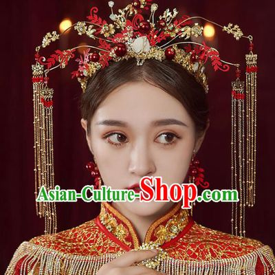 Chinese Traditional Wedding Red Phoenix Coronet Bride Handmade Tassel Hairpins Hair Accessories Complete Set for Women