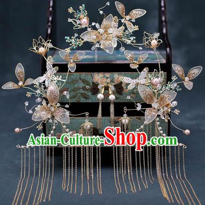 Chinese Traditional Wedding Hair Comb Bride Handmade Tassel Hairpins Hair Accessories Complete Set for Women