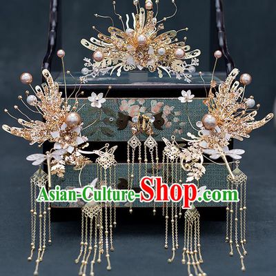 Chinese Traditional Bride Golden Hair Comb Handmade Hairpins Wedding Hair Accessories Complete Set for Women