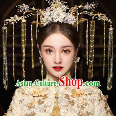 Chinese Traditional Bride Blue Butterfly Phoenix Coronet Handmade Hairpins Wedding Hair Accessories Complete Set for Women