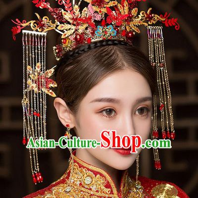Chinese Traditional Red Butterfly Phoenix Coronet Bride Handmade Hairpins Wedding Hair Accessories Complete Set for Women