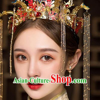 Chinese Traditional Blueing Phoenix Coronet Bride Handmade Hairpins Wedding Hair Accessories Complete Set for Women