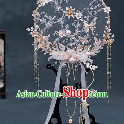 Chinese Traditional Wedding Pink Butterfly Palace Fans Ancient Bride Prop Round Fan for Women