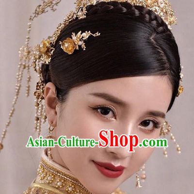 Chinese Traditional Bride Golden Phoenix Coronet Handmade Hairpins Wedding Hair Accessories Complete Set for Women