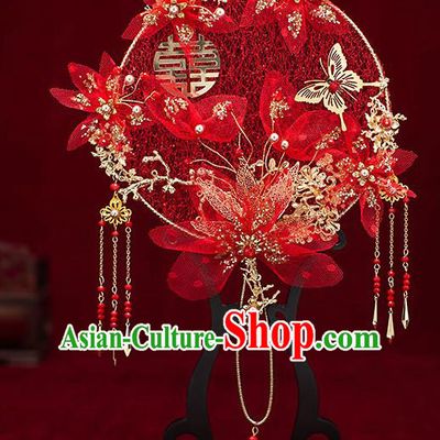 Chinese Traditional Wedding Red Silk Flowers Palace Fans Ancient Bride Prop Round Fan for Women