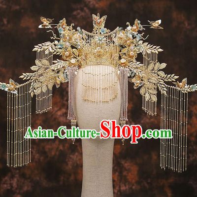 Chinese Traditional Wedding Golden Leaf Phoenix Coronet Bride Handmade Tassel Hairpins Hair Accessories Complete Set for Women