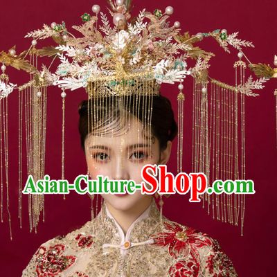 Top Chinese Traditional Wedding Golden Phoenix Coronet Bride Handmade Tassel Hairpins Hair Accessories Complete Set