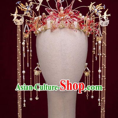 Top Chinese Traditional Wedding Golden Dragonfly Hair Crown Bride Handmade Tassel Hairpins Hair Accessories Complete Set