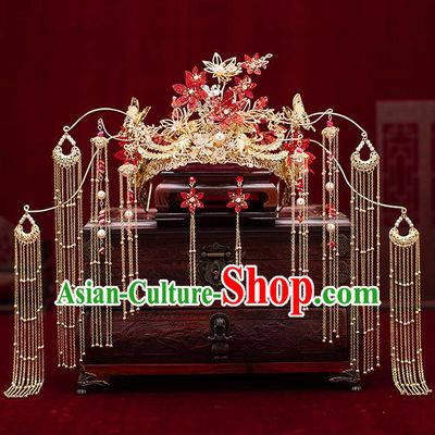 Top Chinese Traditional Wedding Phoenix Coronet Bride Handmade Tassel Hairpins Hair Accessories Complete Set
