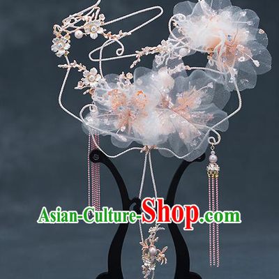 Chinese Traditional Wedding Silk Flowers Palace Fans Ancient Bride Prop Round Fan for Women