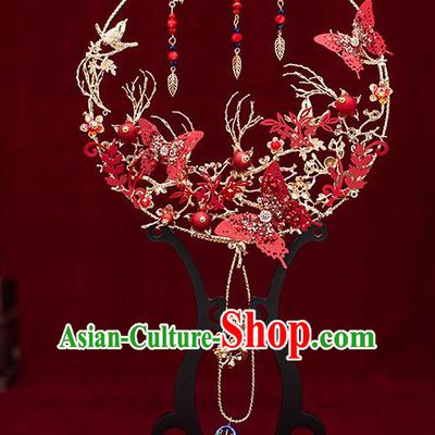 Chinese Traditional Wedding Red Palace Fans Ancient Bride Prop Round Fan for Women