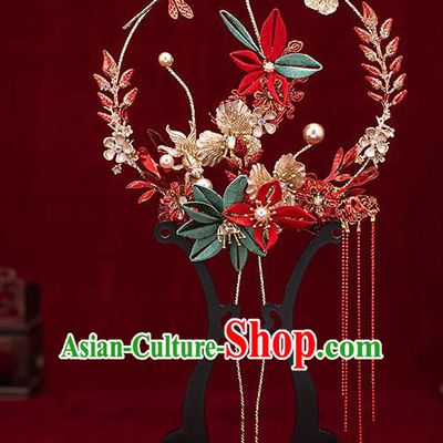 Chinese Traditional Wedding Red Tassel Palace Fans Ancient Bride Prop Round Fan for Women