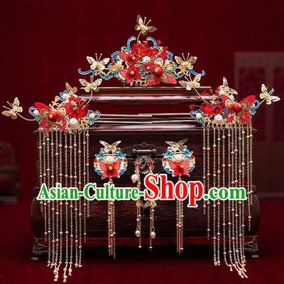 Top Chinese Traditional Wedding Cloisonne Hair Combs Bride Handmade Tassel Hairpins Hair Accessories Complete Set