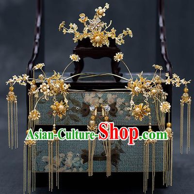 Top Chinese Traditional Wedding Golden Plum Hair Comb Bride Handmade Tassel Hairpins Hair Accessories Complete Set