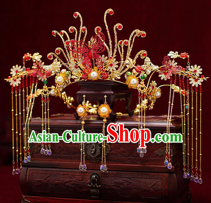 Top Chinese Traditional Wedding Royal Crown Bride Handmade Hairpins Hair Accessories Complete Set Top Chinese Traditional Wedding Royal Crown Bride Handmade Hairpins Hair Accessories Complete Set