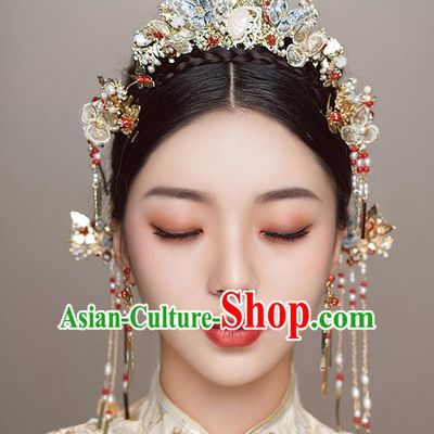 Top Chinese Traditional Wedding Blue Butterfly Hair Crown Bride Handmade Hairpins Hair Accessories Complete Set