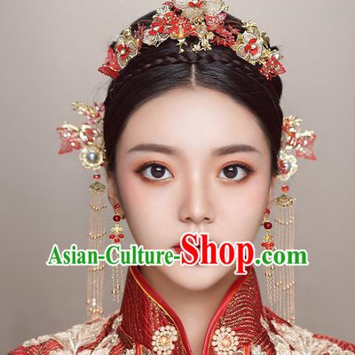 Top Chinese Traditional Wedding Golden Flowers Hair Comb Bride Handmade Hairpins Hair Accessories Complete Set