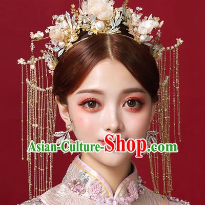 Top Chinese Traditional Wedding Pink Silk Flowers Tassel Hair Clasp Bride Handmade Hairpins Hair Accessories Complete Set