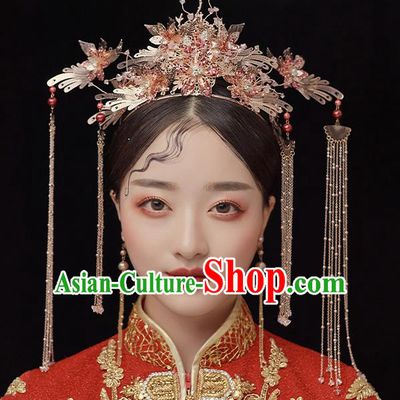 Top Chinese Traditional Wedding Golden Phoenix Tassel Hair Crown Bride Handmade Hairpins Hair Accessories Complete Set