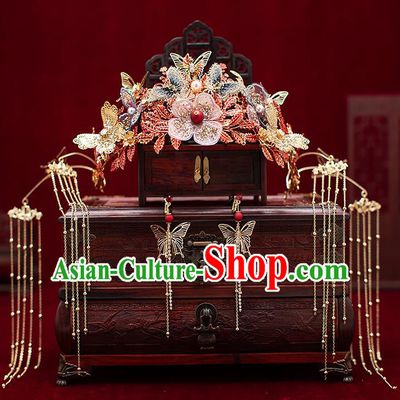 Top Chinese Traditional Wedding Tassel Hair Crown Bride Handmade Butterfly Hairpins Hair Accessories Complete Set