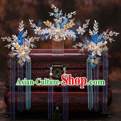 Top Chinese Traditional Wedding Blue Leaf Tassel Hair Comb Bride Handmade Hairpins Hair Accessories Complete Set