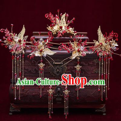 Top Chinese Traditional Wedding Golden Crane Hair Comb Bride Handmade Tassel Hairpins Hair Accessories Complete Set