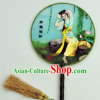 Chinese Traditional Embroidered Beauty Xi Shi Silk Fans Craft Handmade Su Embroidery Palace Fan Round Fan