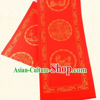 Traditional Chinese Classical Plum Orchid Bamboo Chrysanthemum Pattern Red Batik Scroll Paper Handmade Calligraphy Couplet Xuan Paper Craft