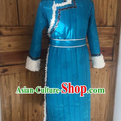 Chinese Mongolian Nationality Winter Garment Traditional Mongol Ethnic Minority Costume Blue Cotton Wadded Robe for Men