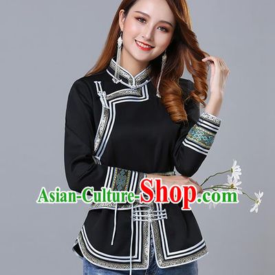Chinese Traditional Black Satin Blouse Mongol Ethnic Nationality Costume Mongolian Minority Upper Outer Garment for Women