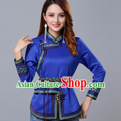 Chinese Traditional Royalblue Satin Blouse Mongol Ethnic Nationality Costume Mongolian Minority Upper Outer Garment for Women