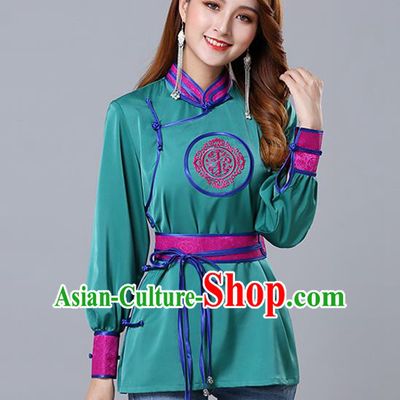 Chinese Traditional Mongolian Minority Green Satin Blouse Mongol Ethnic Nationality Upper Outer Garment Costume for Women
