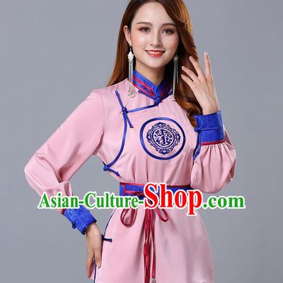 Chinese Traditional Mongolian Minority Pink Satin Blouse Mongol Ethnic Nationality Upper Outer Garment Costume for Women