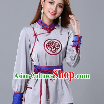 Chinese Traditional Mongolian Minority Grey Satin Blouse Mongol Ethnic Nationality Upper Outer Garment Costume for Women