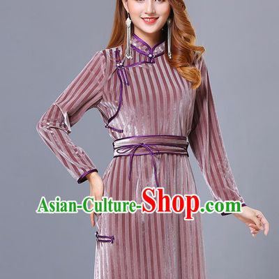 Chinese Mongol Ethnic Nationality Pink Pleuche Dress Traditional Mongolian Minority Garment Costume for Women