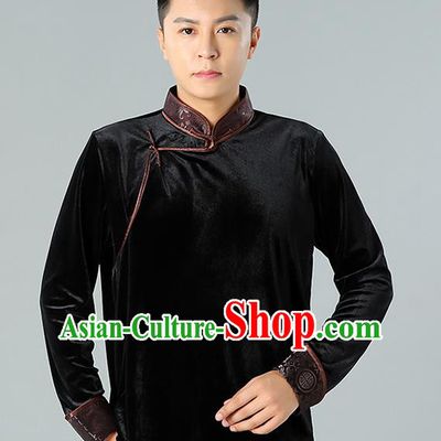Chinese Mongolian Nationality Upper Outer Garment Traditional Mongol Ethnic Minority Costume Black Pleuche Shirt for Men