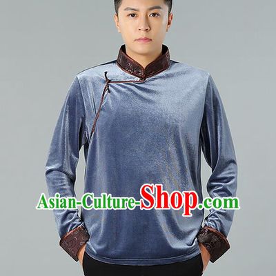 Chinese Mongolian Nationality Upper Outer Garment Traditional Mongol Ethnic Minority Costume Grey Pleuche Shirt for Men