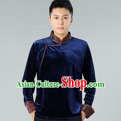 Chinese Mongolian Nationality Upper Outer Garment Traditional Mongol Ethnic Minority Costume Deep Blue Pleuche Shirt for Men